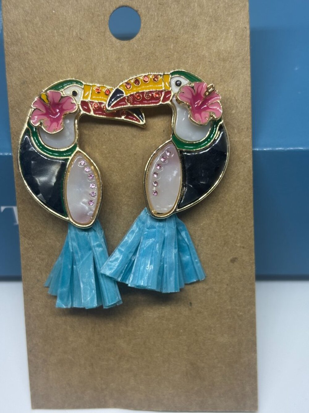 Colorful Tropical Toucan Drop Earrings on Post Back Metal & Rattan